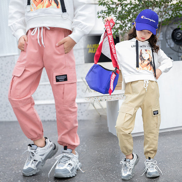 2019 Cowgirl New Arrival 4-13T Girls Cargo Pants Spring Autumn Solid Color Kids Cotton Trousers Teenage Clothing Elastic Waist Teens Cargo Pants