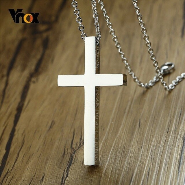 Vnox Unique Side Engraved Bible Cross Pendant Philippians I CAN DO ALL THINGS Necklace for Women Men Stainless Steel Jesus Jewel