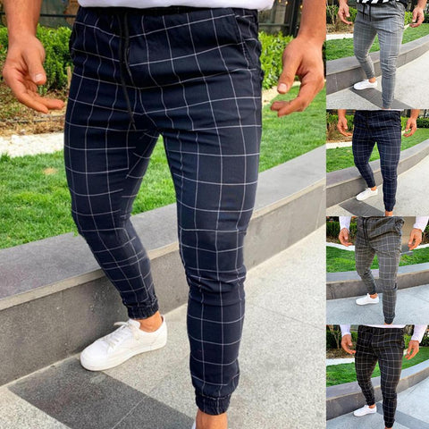 Fashion Pants Men Plaid Print Drawstring Elastic Casual Pencil Pants Trousers