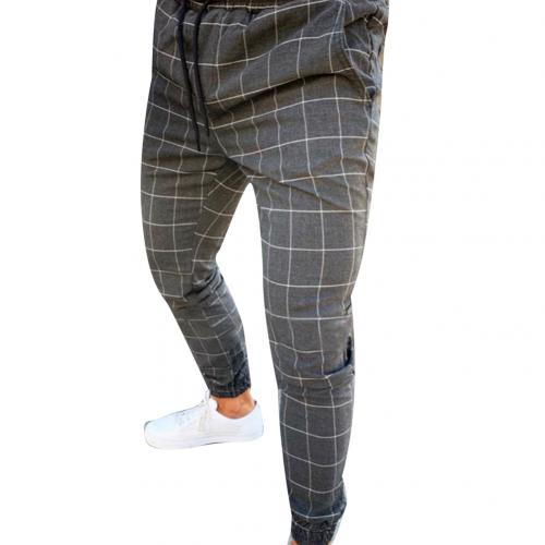 Fashion Pants Men Plaid Print Drawstring Elastic Casual Pencil Pants Trousers