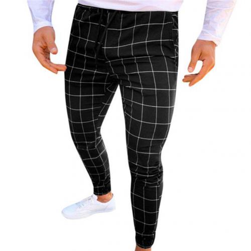 Fashion Pants Men Plaid Print Drawstring Elastic Casual Pencil Pants Trousers