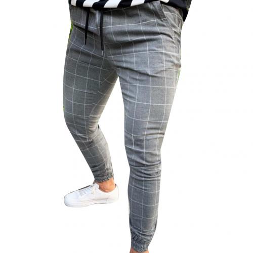 Fashion Pants Men Plaid Print Drawstring Elastic Casual Pencil Pants Trousers