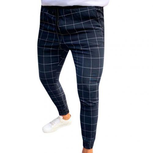 Fashion Pants Men Plaid Print Drawstring Elastic Casual Pencil Pants Trousers