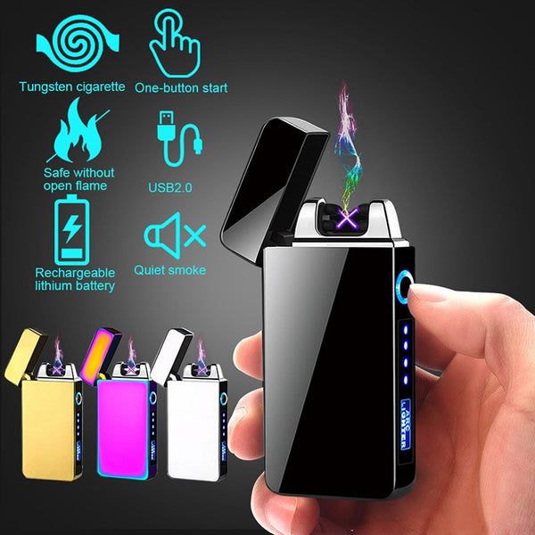 Windproof Dual Arc Lighter Flameless Electronic Rechargeable Electric Lighter for Cigarette Candle with LED Power Display