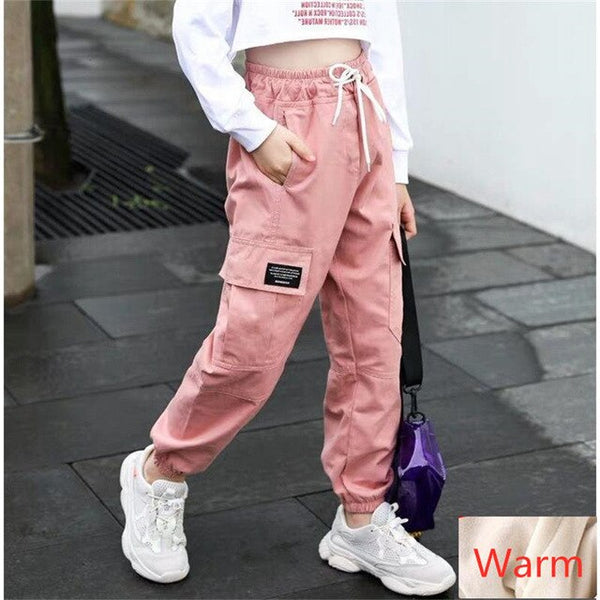 Girls Pants Cotton Cargo Pants Multi-pocket Girls Sweatpants Winter Velvet Harem Pants Kids Clothing Children Hip-hop 10 12  Y