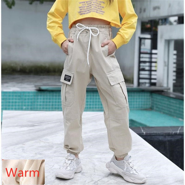 Girls Pants Cotton Cargo Pants Multi-pocket Girls Sweatpants Winter Velvet Harem Pants Kids Clothing Children Hip-hop 10 12  Y