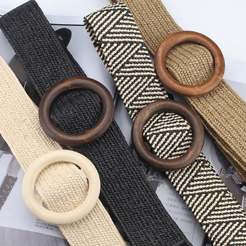 Vintage Boho Braided Waist Belt Summer Solid Female Belt Round Wooden Smooth Buckle Fake Straw Wide Belts For Women Hot Sale