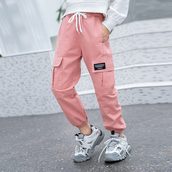 2019 Cowgirl New Arrival 4-13T Girls Cargo Pants Spring Autumn Solid Color Kids Cotton Trousers Teenage Clothing Elastic Waist Teens Cargo Pants