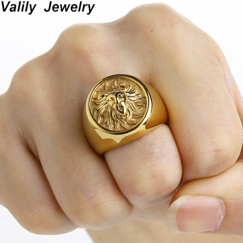 Valily Men Ring Punk Gold Lion Ring 316L Stainless steel Biker Round Animal Rings Jewelry Party Power Design high quality Jewel