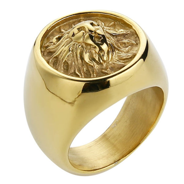 Valily Men Ring Punk Gold Lion Ring 316L Stainless steel Biker Round Animal Rings Jewelry Party Power Design high quality Jewel