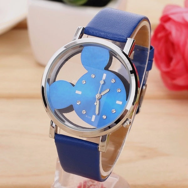 Fashion Cartoon Mickey women Watch Men Transparent Hollow quartz watches Leather strap Kid wristwatch girl Gift Relogio Feminino