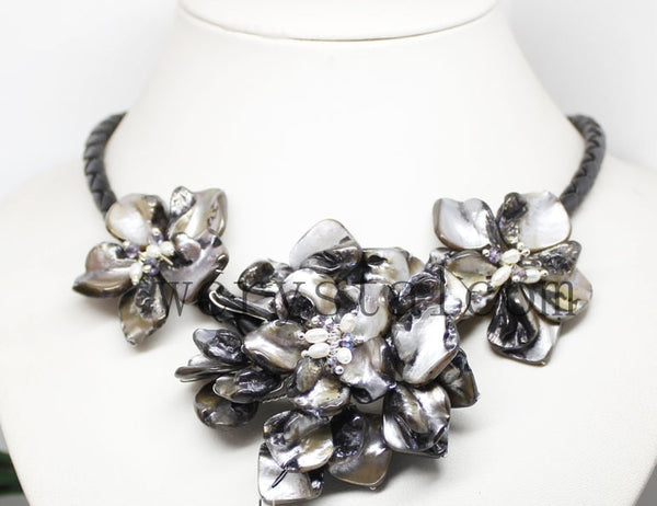 Free Ship Nice Baroque Cultured Pearl Three Shell Flower Floral Necklace Handmade for  Women  Black Leather Choker Bead Jewelery