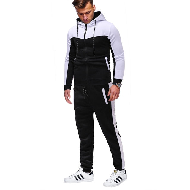 Men Casual Sets 2020 Spring New Solid Splice Jogger Tracksuit Zipper Hoodies+Pants 2PC Sets Men's Sportswear Sport Suit Clothing