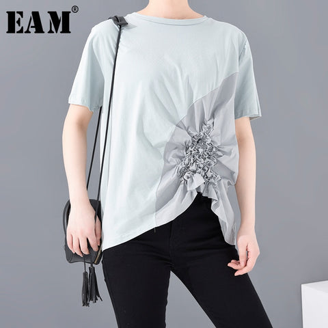 [EAM] Women Blue Irregular Pleated Big Size T-shirt New Round Neck Short Sleeve  Fashion Tide  Spring Summer 2020 1S58505