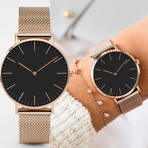 Fashion Women Watches Ultra Thin Stainless Steel Mesh Belt Quartz Wrist Watch Ladies Dress Watch Classic Rose Gold Clock Casual