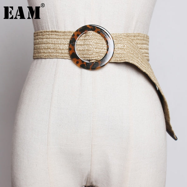 [EAM] 2020 New Spring Summer Knittting Buckle Split Joint  Personality Long Wide Belt Women Fashion Tide All-match JT469