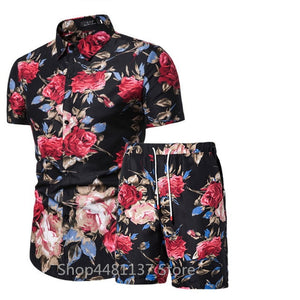 Fashion men clothes set summer Flower tshirt men slim fit casual t shirt men cotton short sleeve T-shirt sportwaer tracksuit 3XL