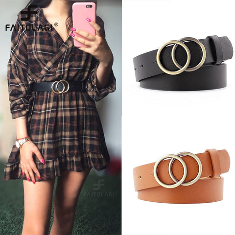 Double Ring Women Belt Fashion Waist Belt PU Leather Metal Buckle Heart Pin Belts For Ladies Leisure Dress Jeans Wild Waistband