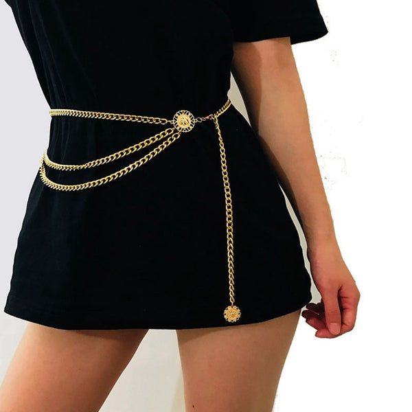 Women Fashion Belt Hip High Waist Gold Narrow Metal Chain Chunky Fringes