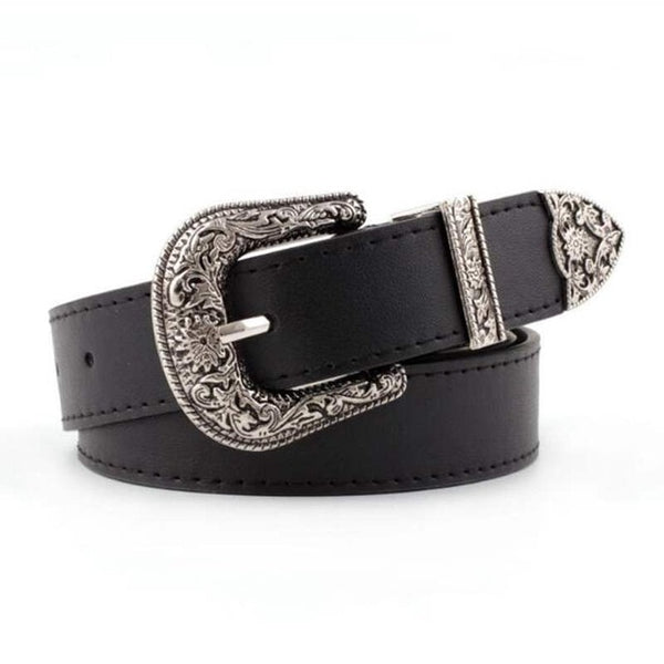 Black Leather Belt Women Metal Heart Buckle Waist Belt Vintage Western Carved Ladies Belt Waistband cinturon mujer