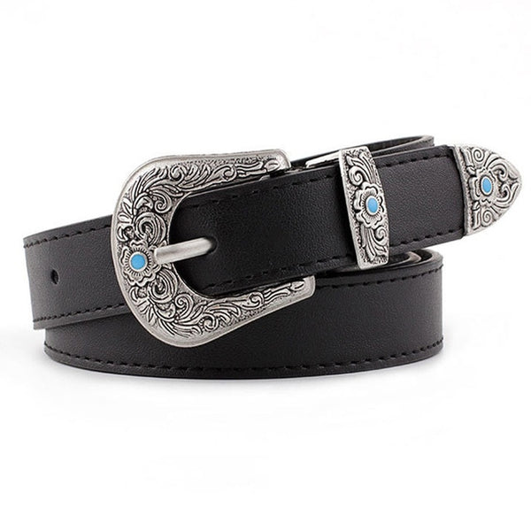Black Leather Belt Women Metal Heart Buckle Waist Belt Vintage Western Carved Ladies Belt Waistband cinturon mujer