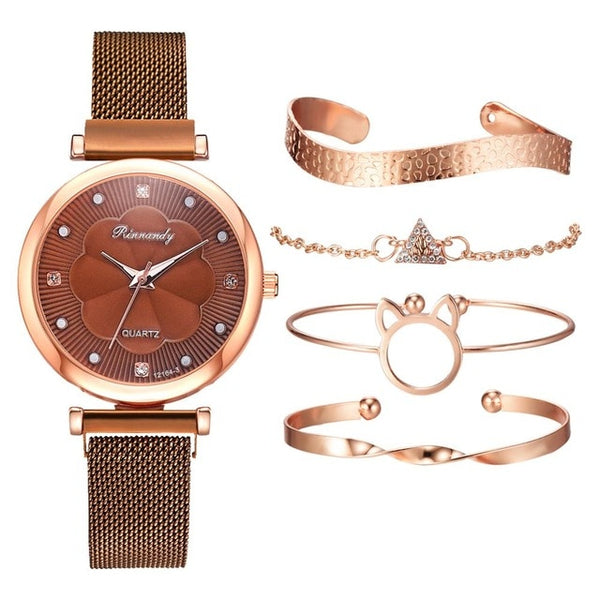 Fashion 5pcs Set Women Watches Luxury Magnet Buckle Flower Rhinestone Watch Ladies Quartz Wrist Watch Bracelet Set Reloj Mujer