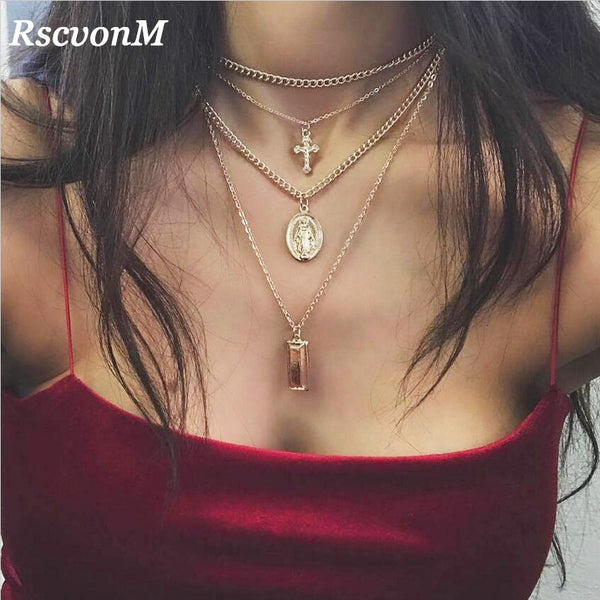 RscvonM Cross Virgin Chain Alloy Cross Metal Rod 4 Layer Pendant Necklaces Bohemian Jewelery Goddess Catholic Choker Necklace