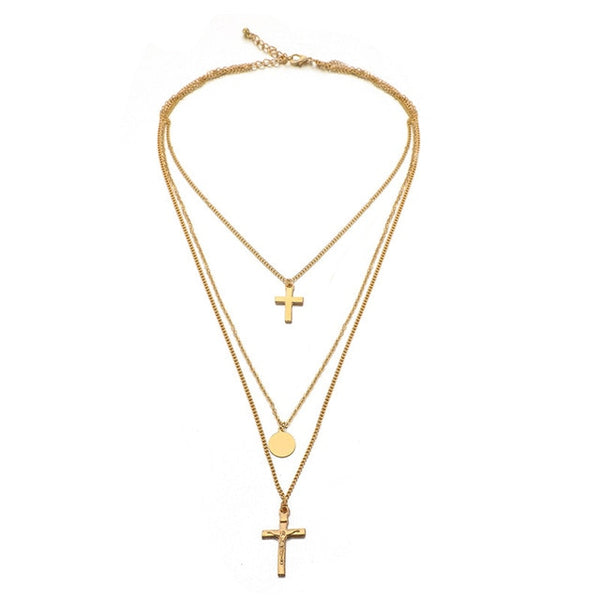 RscvonM Cross Virgin Chain Alloy Cross Metal Rod 4 Layer Pendant Necklaces Bohemian Jewelery Goddess Catholic Choker Necklace