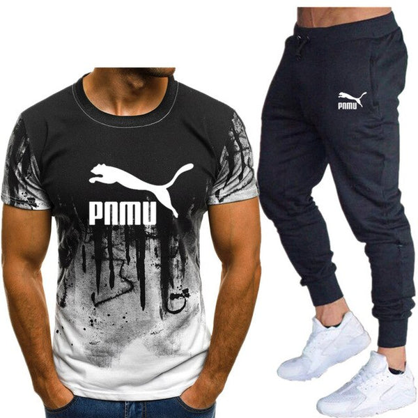 2020 Men's sets t shirts + pants two pieces sets casual tracksuit letter print suits sportwear fitness pants