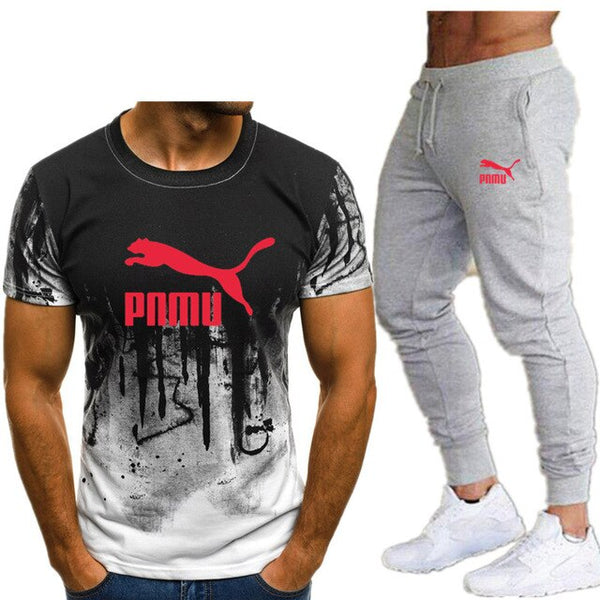 2020 Men's sets t shirts + pants two pieces sets casual tracksuit letter print suits sportwear fitness pants