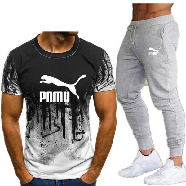 2020 Men's sets t shirts + pants two pieces sets casual tracksuit letter print suits sportwear fitness pants