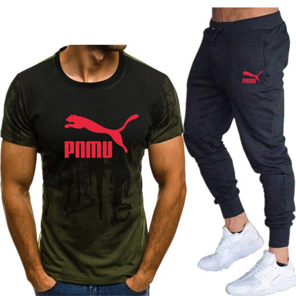 2020 Men's sets t shirts + pants two pieces sets casual tracksuit letter print suits sportwear fitness pants