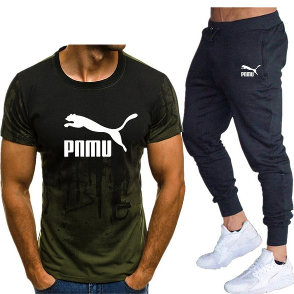 2020 Men's sets t shirts + pants two pieces sets casual tracksuit letter print suits sportwear fitness pants