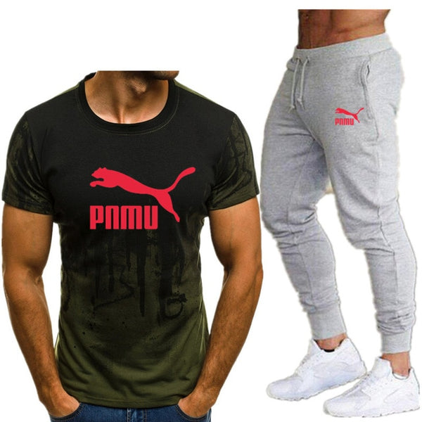 2020 Men's sets t shirts + pants two pieces sets casual tracksuit letter print suits sportwear fitness pants