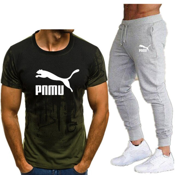 2020 Men's sets t shirts + pants two pieces sets casual tracksuit letter print suits sportwear fitness pants