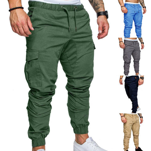 Men Casual Solid Color Pockets Waist Drawstring Ankle Tied Skinny Cargo Pants Solid color pair with all variety of blouses gifts