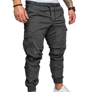 Men Casual Solid Color Pockets Waist Drawstring Ankle Tied Skinny Cargo Pants Solid color pair with all variety of blouses gifts