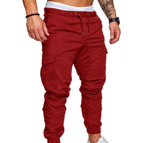 Men Casual Solid Color Pockets Waist Drawstring Ankle Tied Skinny Cargo Pants Solid color pair with all variety of blouses gifts