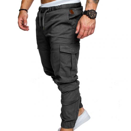 Men Casual Solid Color Pockets Waist Drawstring Ankle Tied Skinny Cargo Pants Solid color pair with all variety of blouses gifts