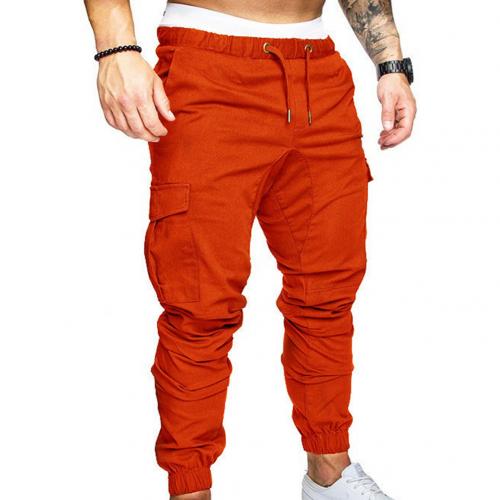 Men Casual Solid Color Pockets Waist Drawstring Ankle Tied Skinny Cargo Pants Solid color pair with all variety of blouses gifts