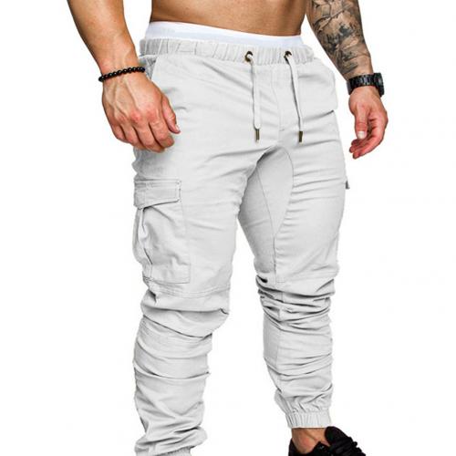 Men Casual Solid Color Pockets Waist Drawstring Ankle Tied Skinny Cargo Pants Solid color pair with all variety of blouses gifts