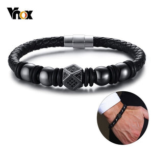 Vnox Top Quality Micro-inlay Stones Bead Bracelets for Men Braided Leather Bangle Stainless Steel Magnetic Clasp Qualified Jewel