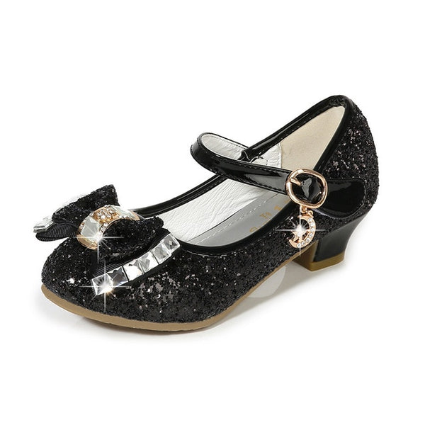 2020 Princess Kids Leather Shoes for Girls Flower Casual Glitter Children High Heel Girls Shoes Butterfly Knot Blue Pink Silver