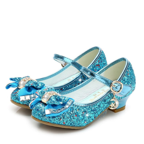2020 Princess Kids Leather Shoes for Girls Flower Casual Glitter Children High Heel Girls Shoes Butterfly Knot Blue Pink Silver