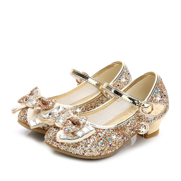 2020 Princess Kids Leather Shoes for Girls Flower Casual Glitter Children High Heel Girls Shoes Butterfly Knot Blue Pink Silver
