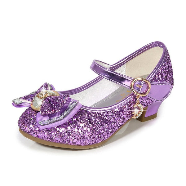 2020 Princess Kids Leather Shoes for Girls Flower Casual Glitter Children High Heel Girls Shoes Butterfly Knot Blue Pink Silver
