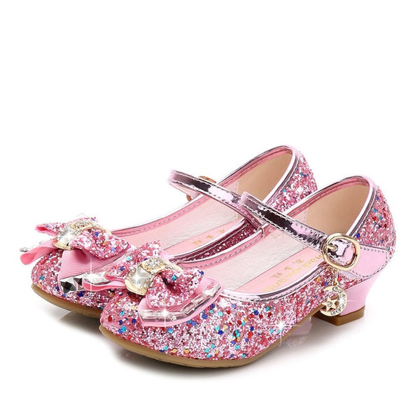 2020 Princess Kids Leather Shoes for Girls Flower Casual Glitter Children High Heel Girls Shoes Butterfly Knot Blue Pink Silver