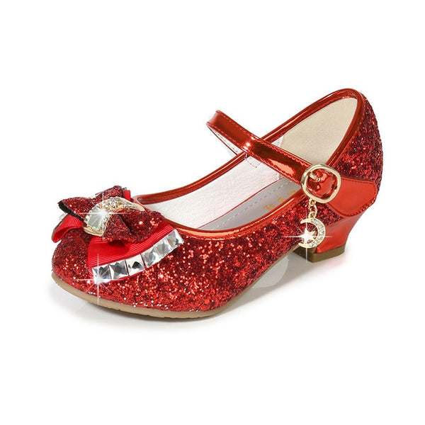 2020 Princess Kids Leather Shoes for Girls Flower Casual Glitter Children High Heel Girls Shoes Butterfly Knot Blue Pink Silver