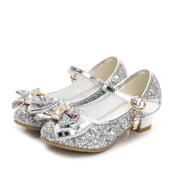 2020 Princess Kids Leather Shoes for Girls Flower Casual Glitter Children High Heel Girls Shoes Butterfly Knot Blue Pink Silver