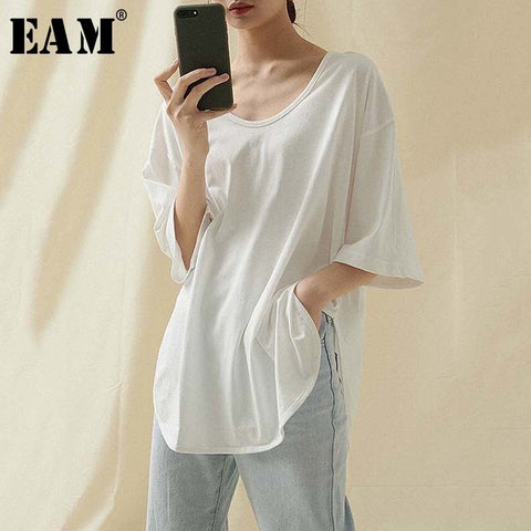 [EAM] Women Loose Fit  White Black Vent Brief Split T-shirt New Round Neck Half Sleeve Fashion Tide  Spring Summer 2020 1U456